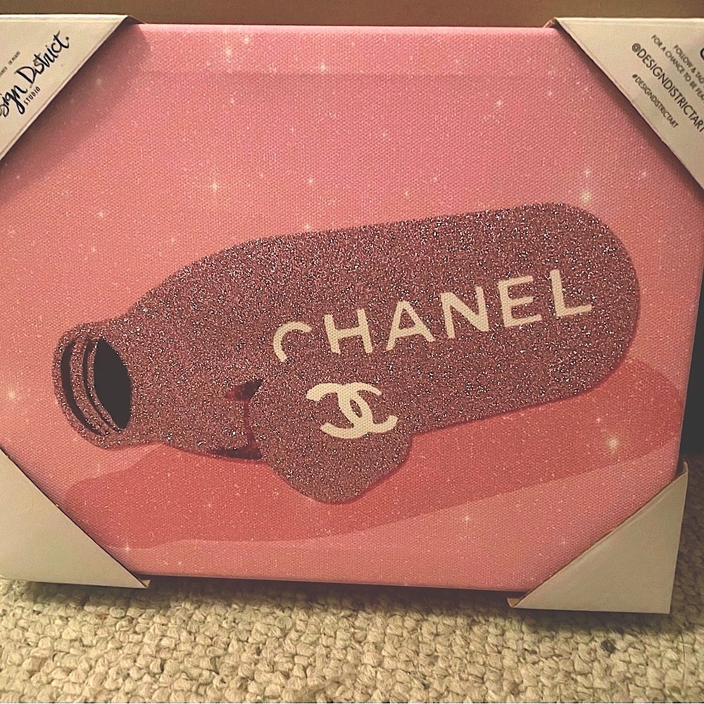 Chanel pink glitter water bottle designer art by Design District Studio